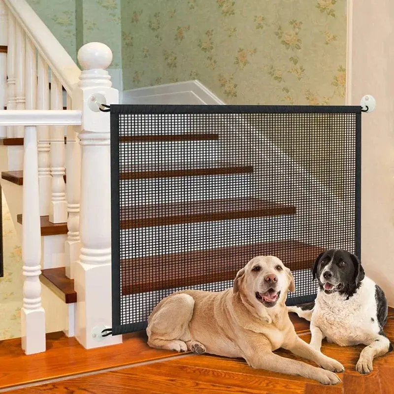 Folding Pet Barrier Fence with 4 Hooks Breathable Mesh Pet Gate for Dogs Stairs Doorways and Indoor Spaces