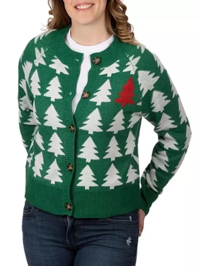 Women's Christmas Tree Sweatee - Green & White Knit Cardigan with Red Embroidery