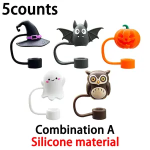 Halloween Themed Straw Set, Reusable 3D Silicone Straw Caps, Ghosts Bats Cats Witch Hats Pumpkins Designs, Party Drinkware Accessories, Fits Standard Straws