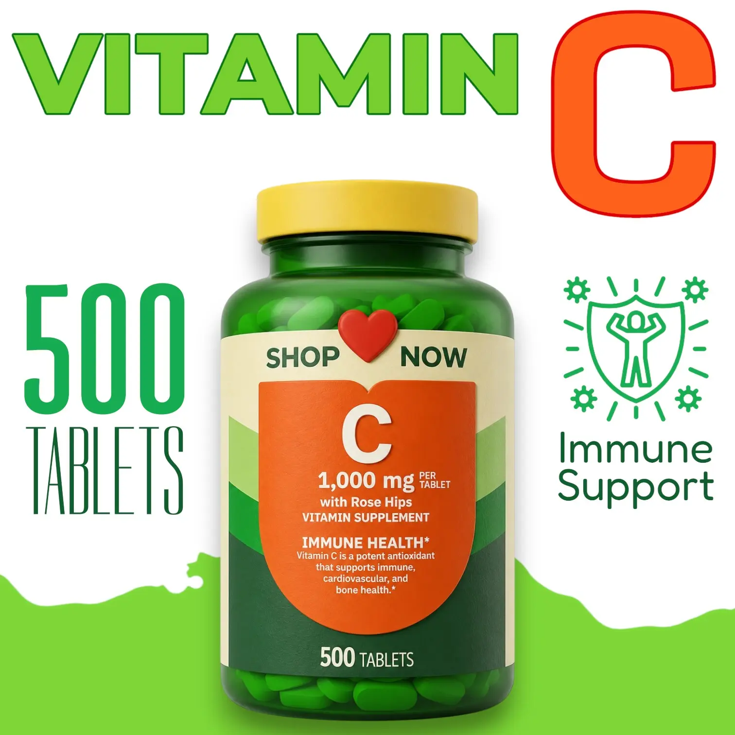 100-500 Capsules Vitamin C with Rose Hips 1000mg - Immune Support & Antioxidants