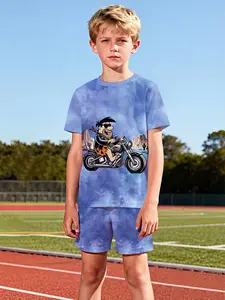 The Flintstones cartoon two-piece short-sleeve and shorts set, 100% polyester casual loose set, summer fun printed patterns, outdoor sports T-shirt set, the perfect gift for boys