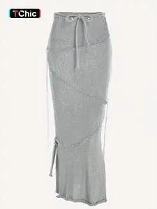 Solid Drawstring Split Side Tassel Sweater Skirt, Elegant Fashion Casual Tie Side Pencil Skirt for Daily Outdoor Wear, Women Knitwear for Spring Fall, Boho Skirt