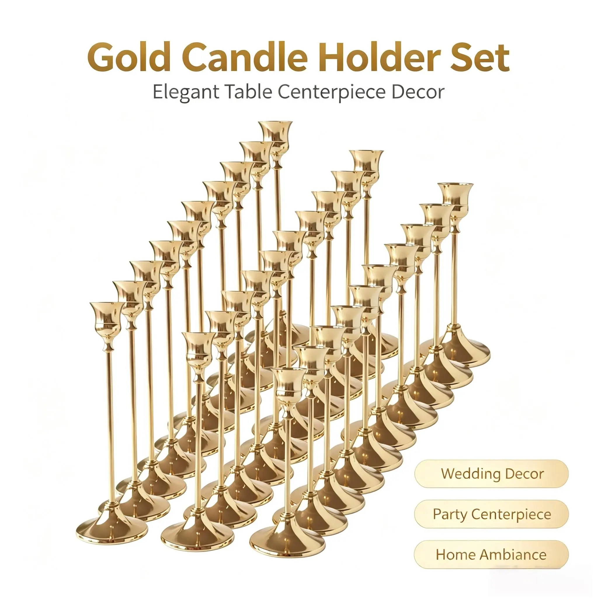 30Pcs Polished Metal Taper Candle Holders, for Wedding, Holiday & Home Decor, Fits Real/LED Candles, Candles Not Included
