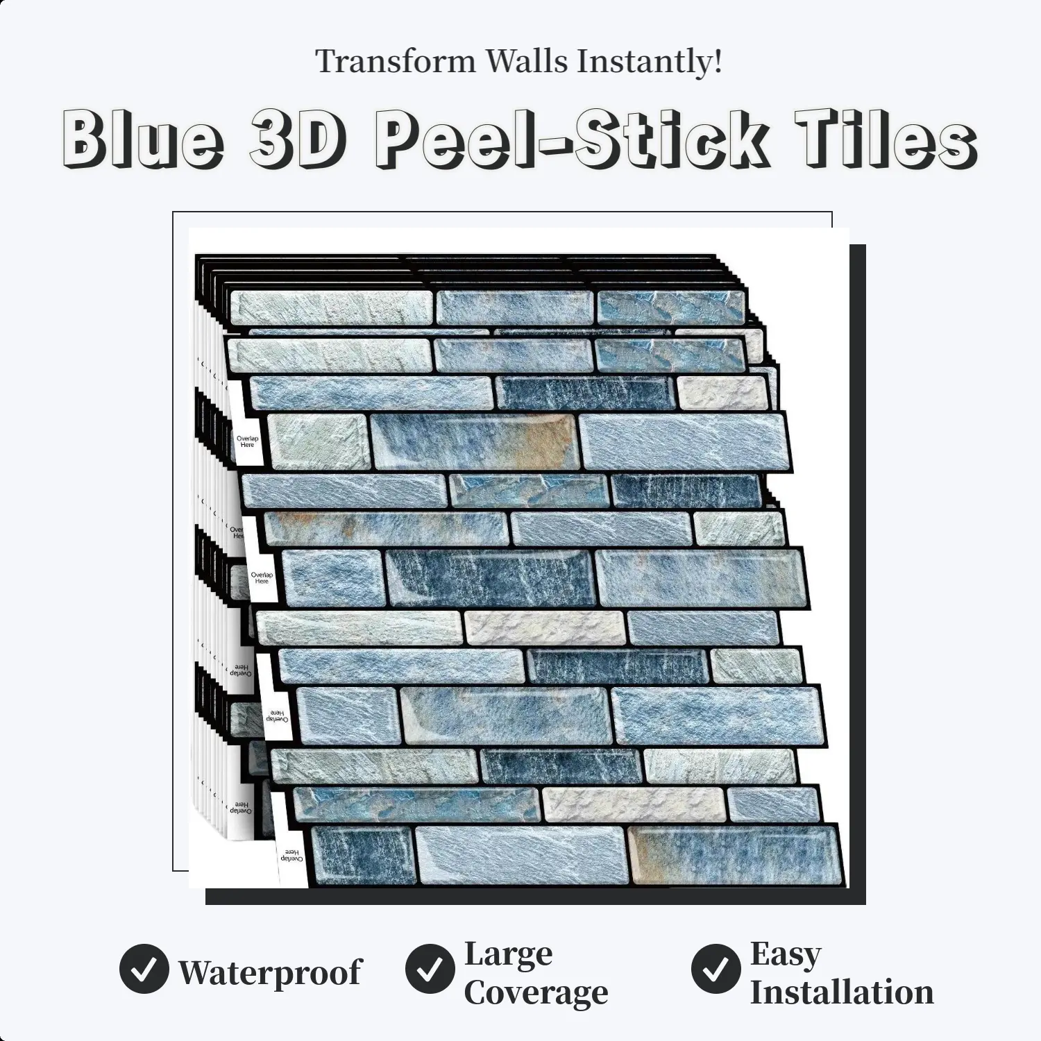 DEWOO 10 Sheets 12"x12" Smooth Thick Blue 3D Vinyl Peel-and-Stick Tile Stickers, Self-Adhesive Waterproof Durable Decoration Items for Kitchen & Bathroom Wall Decor