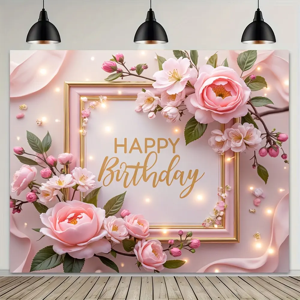 Elegant Pink Rose & Cherry Blossom Birthday Backdrop - Premium 100% Polyester Soft & Fade-Resistant Photography Banner with Golden "Happy Birthday" Text & Sparkling Lights - Perfect for Indoor/Outdoor Celebrations, Party Decoration Supplies, Wishing Banne