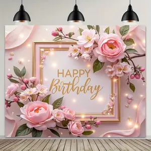 Elegant Pink Rose & Cherry Blossom Birthday Backdrop - Premium 100% Polyester Soft & Fade-Resistant Photography Banner with Golden "Happy Birthday" Text & Sparkling Lights - Perfect for Indoor/Outdoor Celebrations, Room Decor & Photo Shoots