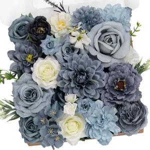 Dusty Blue Artificial Flowers Combo Box Set Silk Fake Roses Camellia with Stems for DIY Bridal Wedding Bouquets Baby Shower Floral Arrangements Centerpiece Table Party Home Decorations