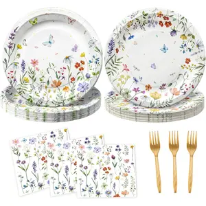 75Pcs Wildflower Plates and Napkins Party Supplies, Floral Paper Plates Wildflower Baby Shower Decorations Flower Party Plates Set for Spring Birthday Bridal Shower Tea Garden Party Decor, Serves 25