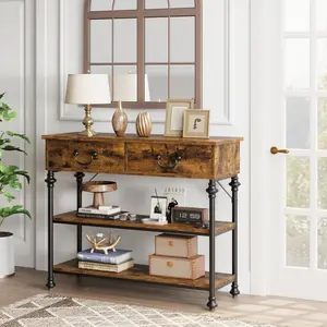 Rustic Brown Narrow Console Table with 2 Drawers & 2-Tier Storage Shelves, Adjustable Metal Frame Entryway Sofa Table for Hallway, Living Room & Home Office