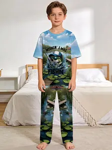 Lake View Fishing Fun 2-Piece Boys' Digital Print Short-Sleeve Pajamas with Long Pants, Flame-Retardant Fabric. A stylish, trendy, casual, comfortable and soft pajama set, suitable for sleeping and home leisure. Made of 100% polyester,