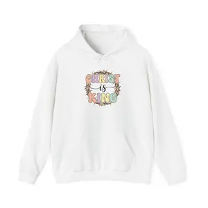 Men's Christ Is King Knit Hoodie, Cute Lightweight Christian Faith Scripture Floral Design Tops with Kangaroo Pocket