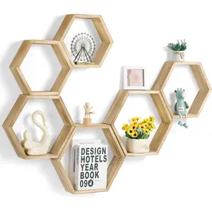 Hexagon Floating Shelves Wall Mounted Farmhouse  Storage Honeycomb Wall Shelf Set of 6 Hexagonal Shelves Wall Home Decor Hexagon Shelves for Living Room Bedroom Office, Light Brown
