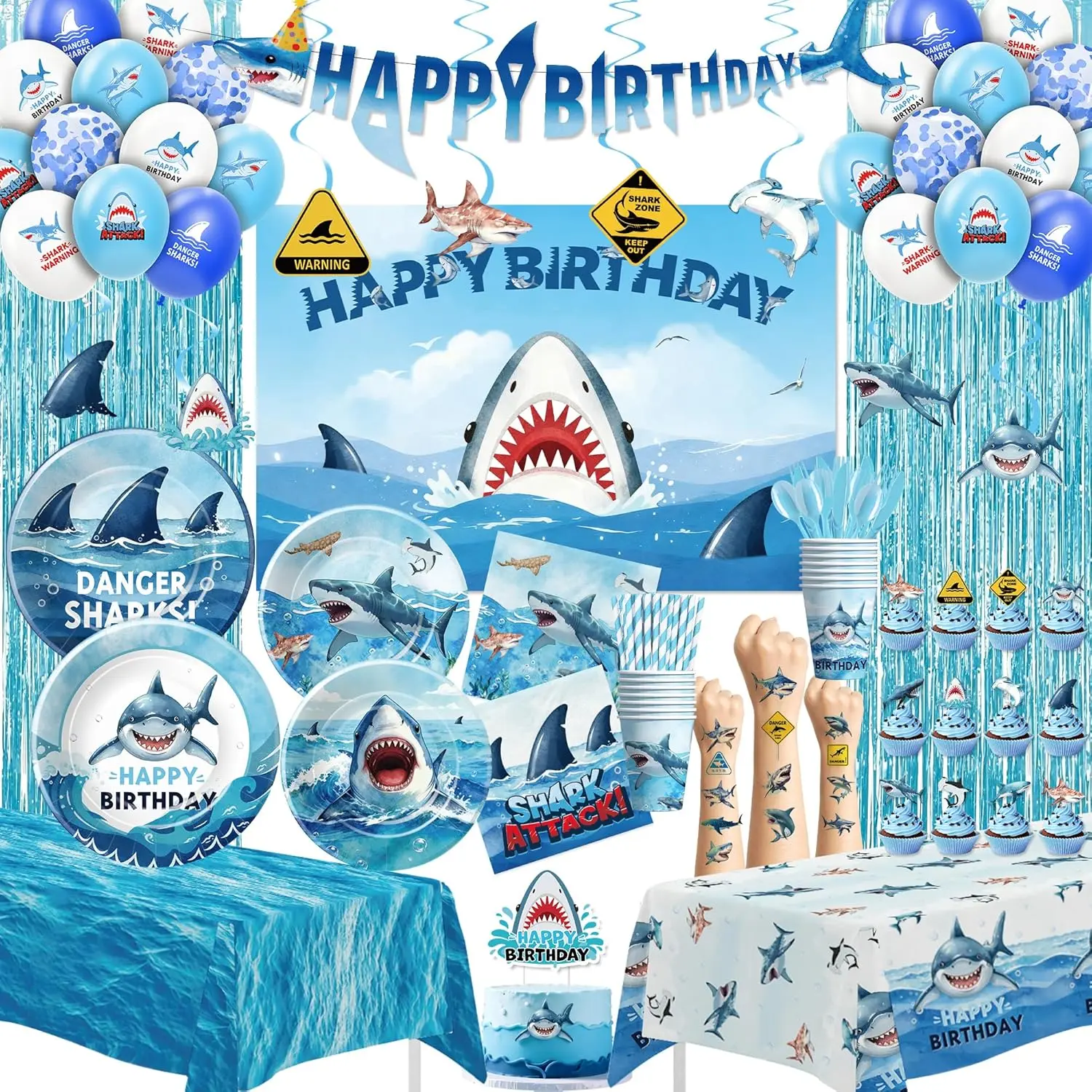 Srua Don Shark Birthday Party Decorations, Ocean Theme Shark Party Supplies for Birthday Baby Shower, Paper Plate, Cup, Napkin, Backdrop, Topper, Tableclot