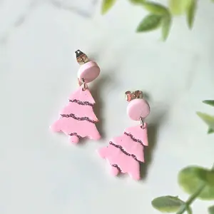 Pink Glittered Christmas Tree Polymer Clay Earrings - Lightweight and Hypoallergenic