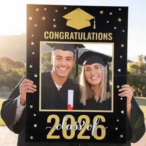 2026 Graduation Photo Frame, PVC Hollow Board, Gold Cutout Design, 32x24 Inches, Party Decor, Gift for Graduates