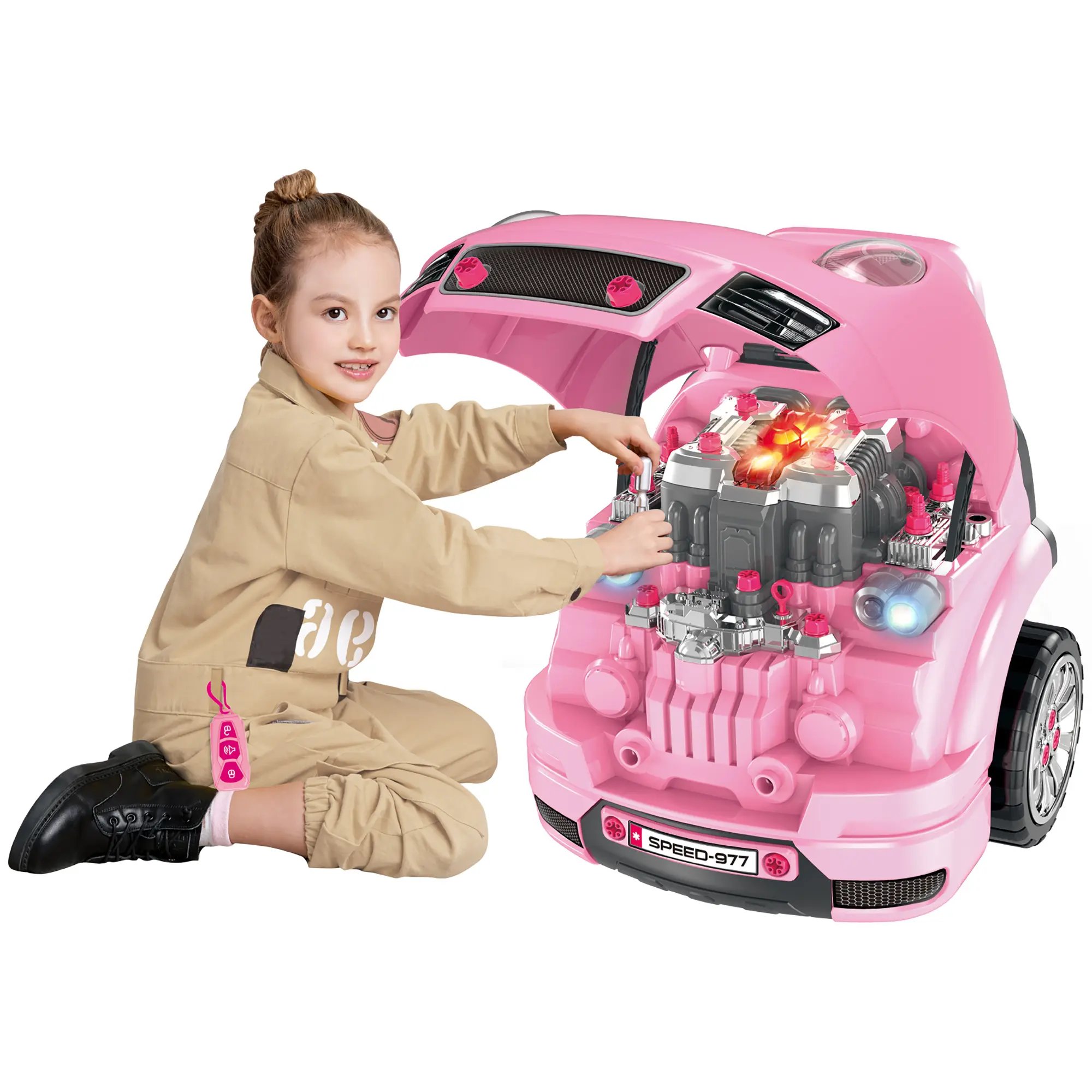 Pink Mechanic Kids Truck Engine Toy Set, 61-Piece Pretend Play Workshop with Kid-Safe Child-Sized Play Tools, Steering Wheel, Horn & Light for 3-5 Years Old, Kid-Safe Play Tools