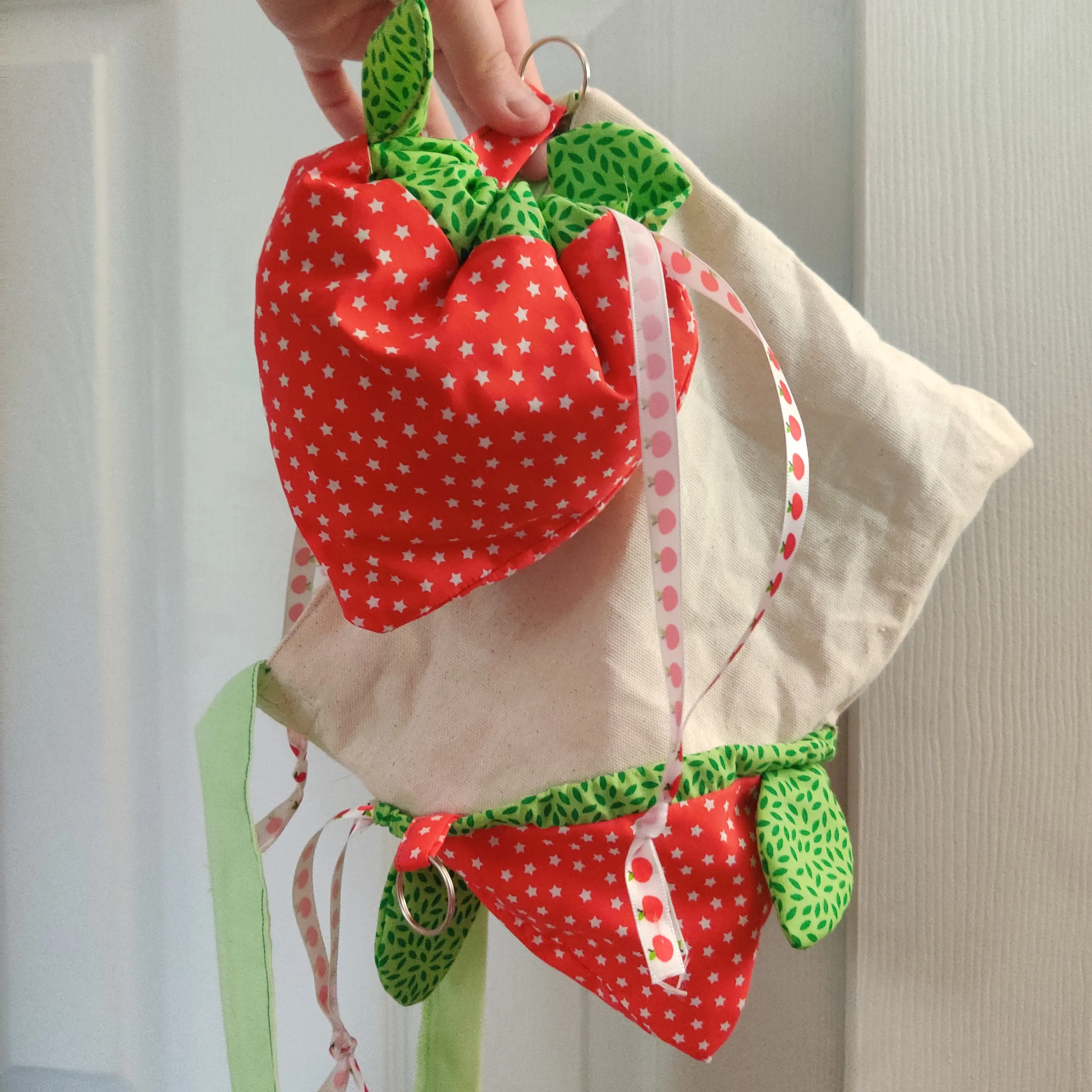 Strawberry Canvas Tote Bag Collapsible Side Bag with Keychain Single Strap Foldable Fruit Design