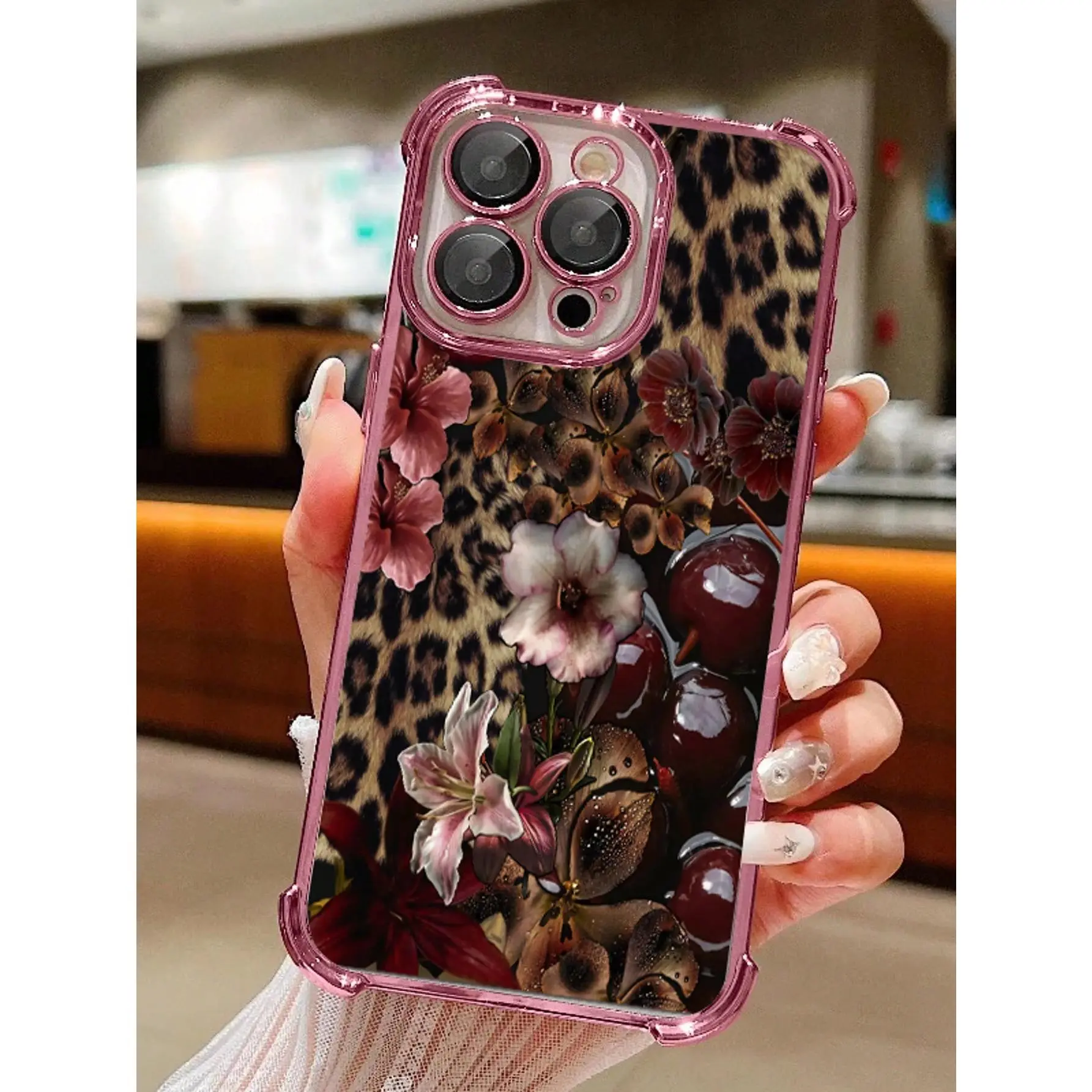 Leopard Print Cherry Silicone Smartphone Protective Case for iPhone 11-17, TPU Cover with Transparent Soft Anti-Slip Design, Corner Drop Protection, Camera Protector & Handheld Compatibility, Ideal Holiday Gift Accessory,summerwins