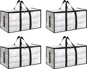 Extra Large Heavy Duty Moving Bags - Waterproof Storage Totes with Handles & Zippers, Foldable for College Dorm, Storage (Clear)