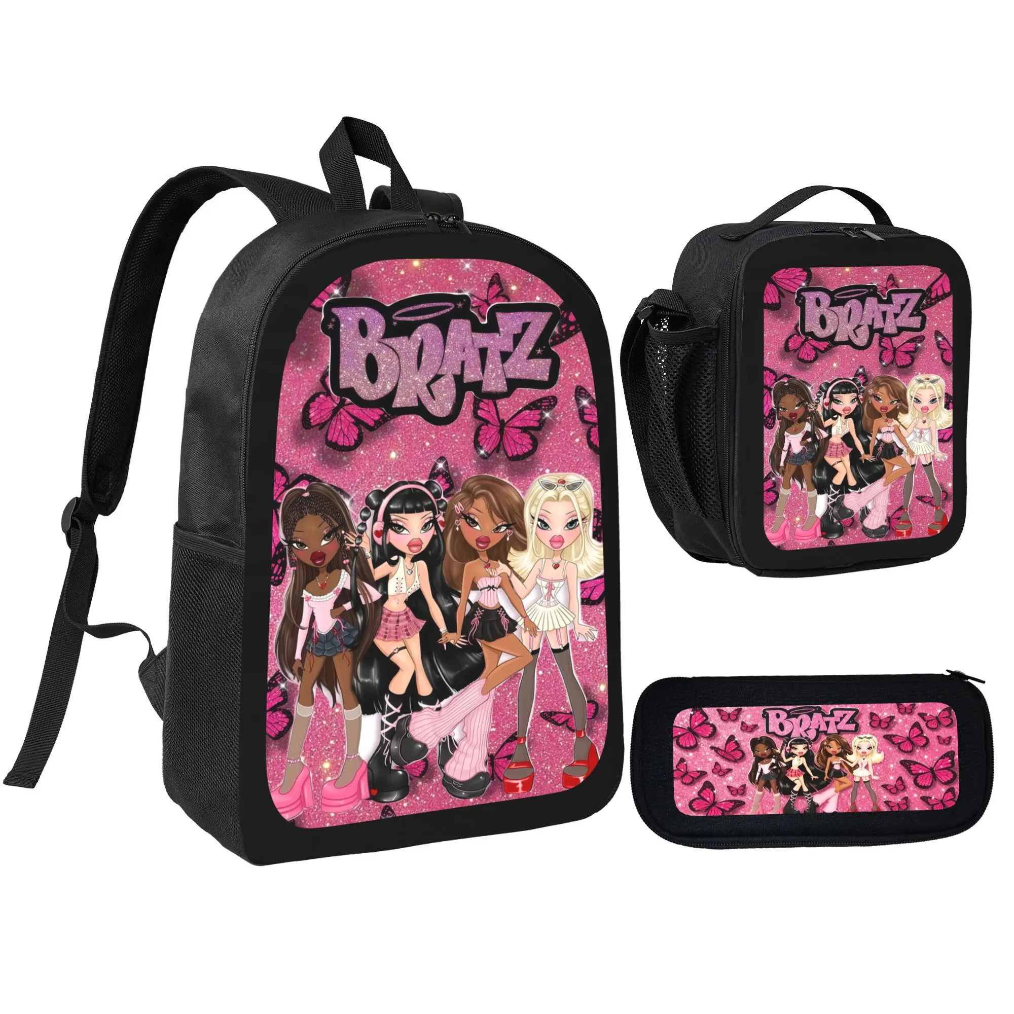Girls' Bratz 3-Piece Backpack Set - School Bag with Lunch Bag, Pencil Case, Pink Glitter Butterfly Fashion Doll Design, Y2K Style Back to School Gift