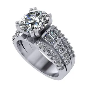3.00 Carat Simulate Diamond Engagement Ring-Round & Baguette 5.00ct twt-Platinum Plated Sterling Silver