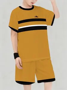Teen Boys Fashion 3D Print Casual Hoodie Short Sleeve T-Shirt, Striped Patchwork Letter Pattern Gym Shorts Set, Outdoor Leisure Sport Two-Piece Suit, Striped Sets