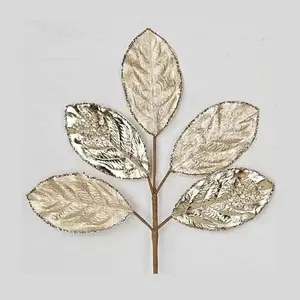 Champagne Metallic Beaded Magnolia Leaves Spray (set of 2)
