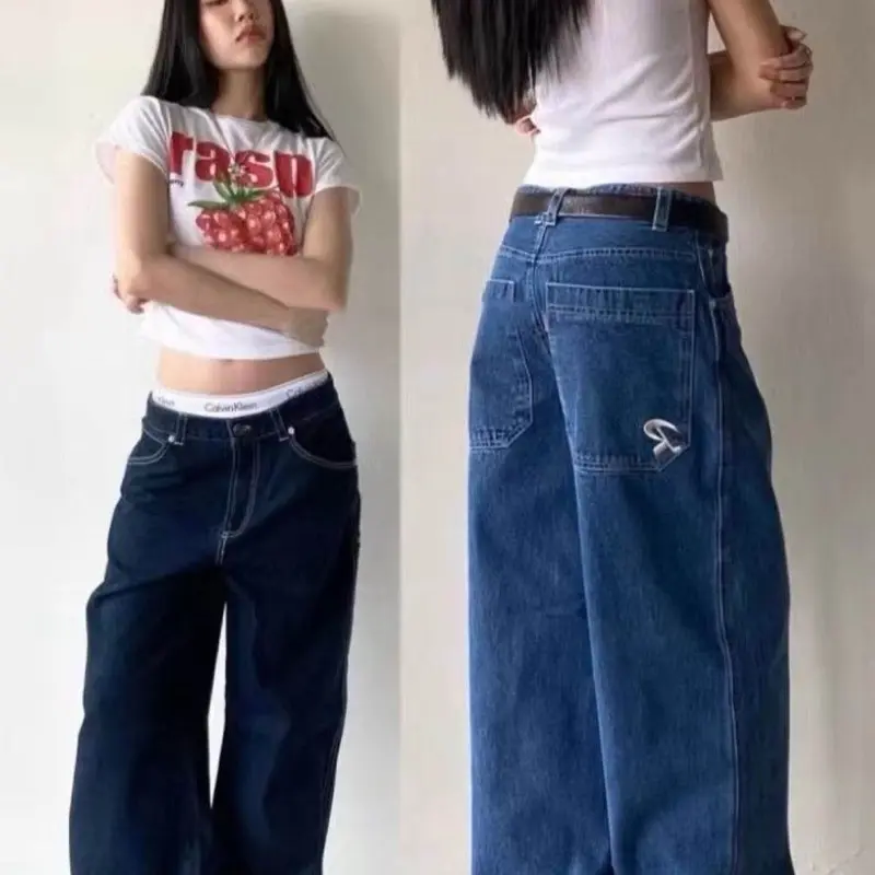 Streetwear Vintage Y2K Jeans Women Striaight Pocket Harajuku Casual Pantalon Female Embroidery Denim Trousers Korean Couple Pant