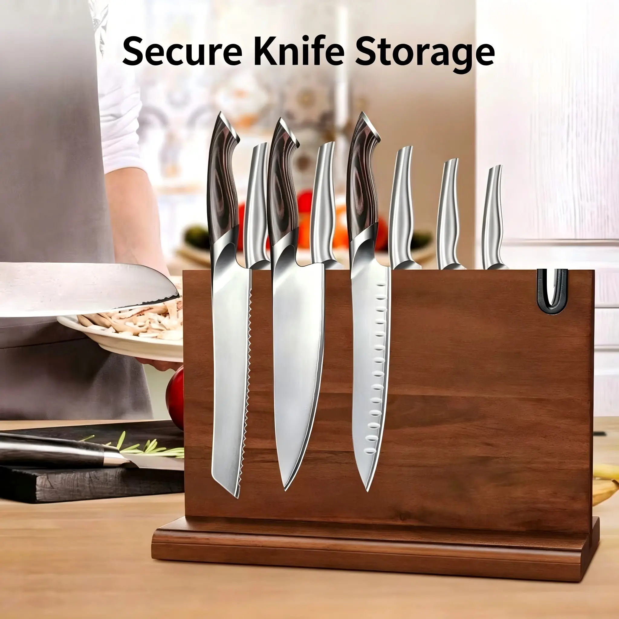 Wood Magnetic Knife Holder 15x4" – Double-Sided Knife Holder with Strong Magnet & Built-In Sharpener – Space-Saving Magnetic Knife Block Gift for Home Kitchens & Cooking Lovers
