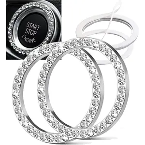 2 Pcs Crystal Rhinestone Ring for Car Decor, Bling Decor Car Emblem Sticker, Push to Start Button,Key Ignition Starter, AC Control Knobs, Volume and Tune Knobs, Gift for Her (Silver)