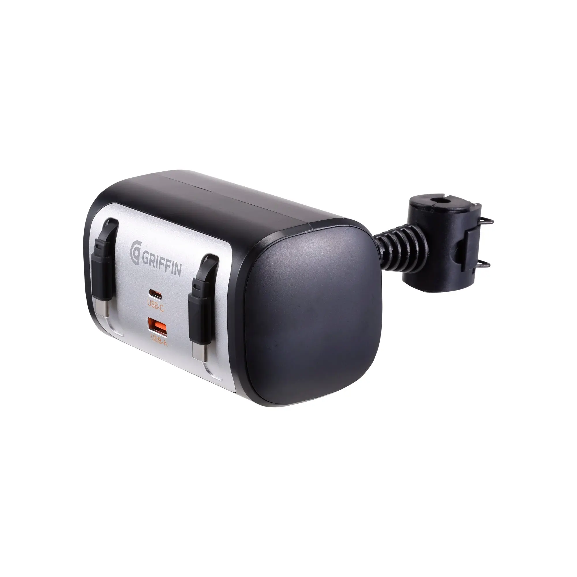 Griffin PowerJolt Backseat Car Charger with Dual USB-C & USB-A Ports Fast Charging 0-50% in 30 Minutes Retractable Cable Headrest Mount for iPhone Android Tablets