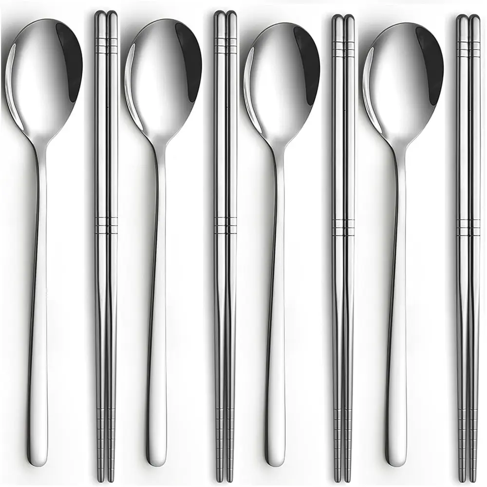 Sturdy 4-Chopsticks and 4-Spoons Korean Cutlery Set, Solid Stainless Steel Reusable Tableware with Flat Long Handles for Home, Housewarming, Eating Asian Cuisine