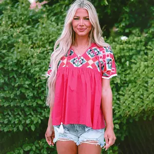 Strawberry Pink Geometric Embroidered Tassel Tie V Neck Blouse