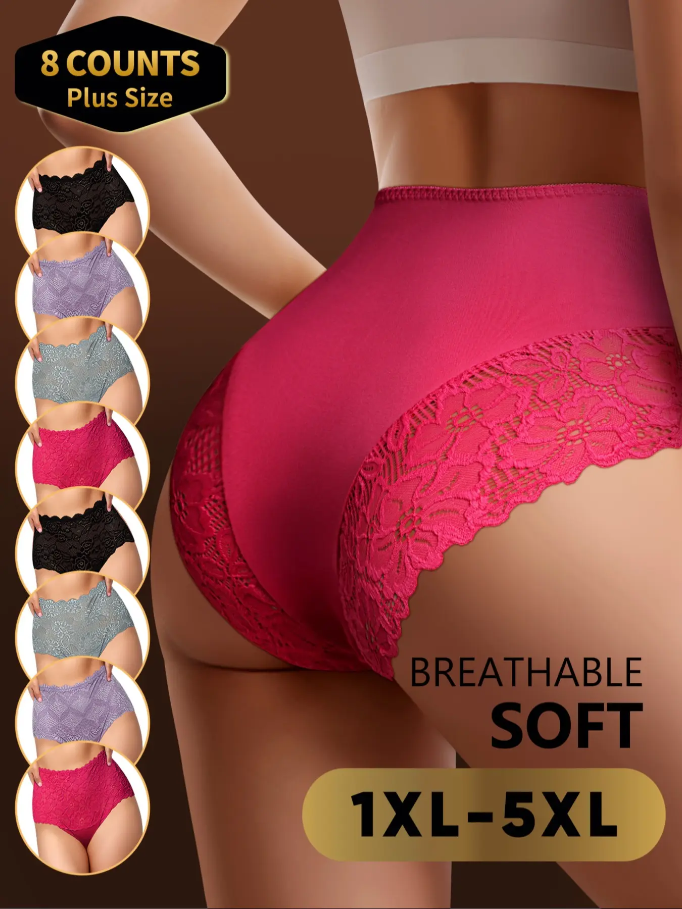8-Pack MEIYATING  Plus Size Breathable Stretch Underwear, High-Waisted Floral Print Briefs, Fitted Casual Lingerie for Women, Breathable Comfy Panties, Soft Stretch Panties, All-Season Comfort