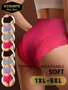 【Plus Size】Women's Solid Color Floral Lace Patchwork High Waist Panty, Sexy Soft Comfortable Breathable Knicker for Daily Wear, Women's Underwear for All Seasons