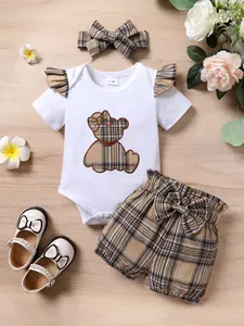 3 Piece Cute Baby Girl Soft And Comfortable Cartoon Bear Decal Ruffled Jumpsuit And Plaid Sports Shorts With Headband For Casual Everyday Holiday Parties