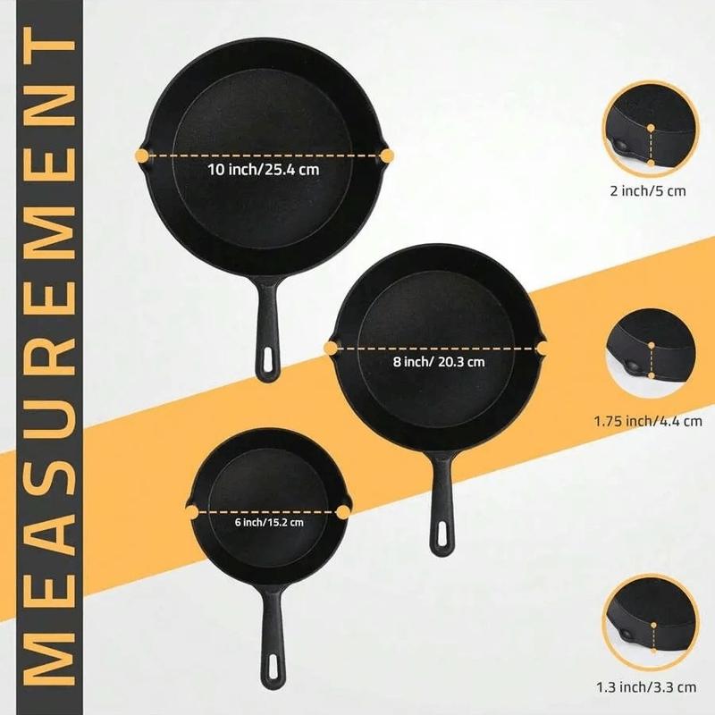 3Pcs Cast Iron Pan Pre-Seasoned Iron Skillet Set Heavy Duty Skillet Set With Pouring Lip For Grilling Searing Frying Baking(6 Inch, 8 Inch And 10 Inch) - Black