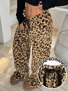 Women's Real Satin Bowknot Waist Fuzzy Leopard Pants - 2025 Cozy Plush Leopard Print Loungewear, Soft Fluffy Winter Pajama Trousers, Casual Vintage Animal Print Bottoms, Stylish Black Ribbon Detail, Comfortable Sleep & Lounge Apparel, Casual Comfy Pants