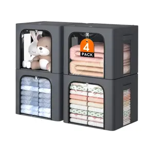 4 Pack 40L Clothes Storage Bins – Foldable Fabric Organizer Boxes with Metal Frame & Clear Window