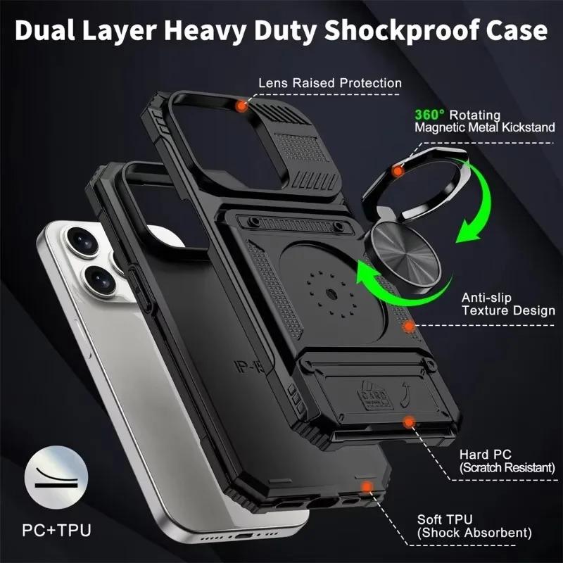 Military quality Case For iPhone 11 13 14 15 16 Pro Max Magnetic Rotated Ring Kickstand Heavy Duty Drop Protection Wallet Cover