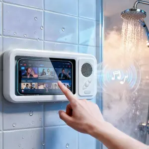 Shower Phone Holder with Wireless Bluetooth Speaker, 2026 New Waterproof Shower Phone Case for Any Phone, Wall Mounted Phoneholder for Bathroom Mirror Smartphone Cellphone Stand