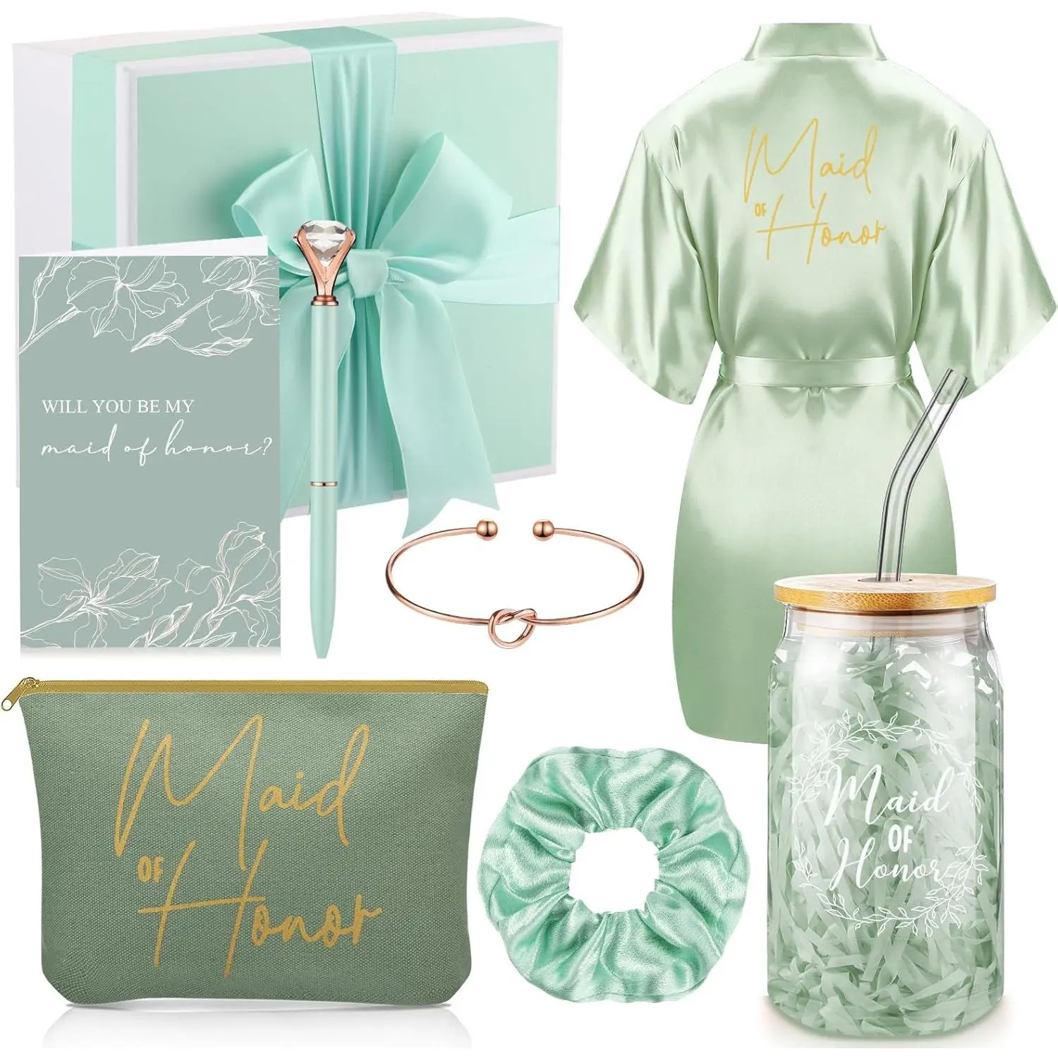 8 Pcs Proposal Gifts Set Robes Makeup Bag Cup Cards Hair Tie Bracelet Diamond Pen Bridesmaid Gift Box (Light Green,Maid of Honor)
