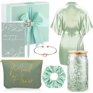 8 Pcs Proposal Gifts Set Robes Makeup Bag Cup Cards Hair Tie Bracelet Diamond Pen Bridesmaid Gift Box (Light Green,Maid of Honor)