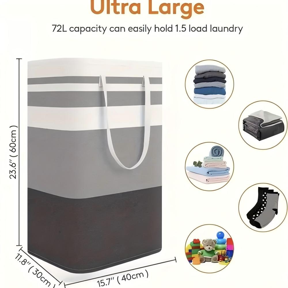 Foldable laundry basket with extended handle, durable nylon, 75L large capacity | Independent waterproof design, suitable for storing clothes and toys in dorms, homes, and laundry rooms | Gradient gray