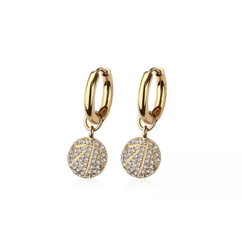 CZ Crystal Basketball Dangling Huggie Hoop Earrings - Pair - 316L Stainless Steel