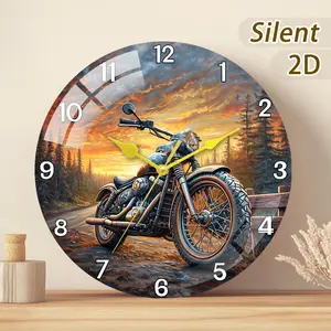 Wooden/clear Glass Creative Clock Gift, Sunset Motorcycle Scene, Wall Mounted, Battery Driven, Modern Style, Home Decor, Holiday Gifts