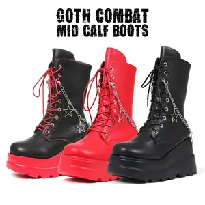 CYNLLIO Womens Two Tone Goth Combat Mid Calf Boots Rounded Toe Platform Heels Thick Sole Rave Kawaii Boot Starry Sky Chain Decor Side Zipper Lace Up Comfy Outdoor Concert Street Party Riding Motorcycle Gothic Punk Wedge Spring Shoes Valentine Gifts