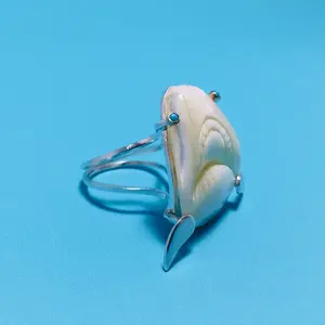 Custom Art Shark Ring - 18K Gold, Sterling Silver, Mother of Pearl, Turquoise - Size 7 US