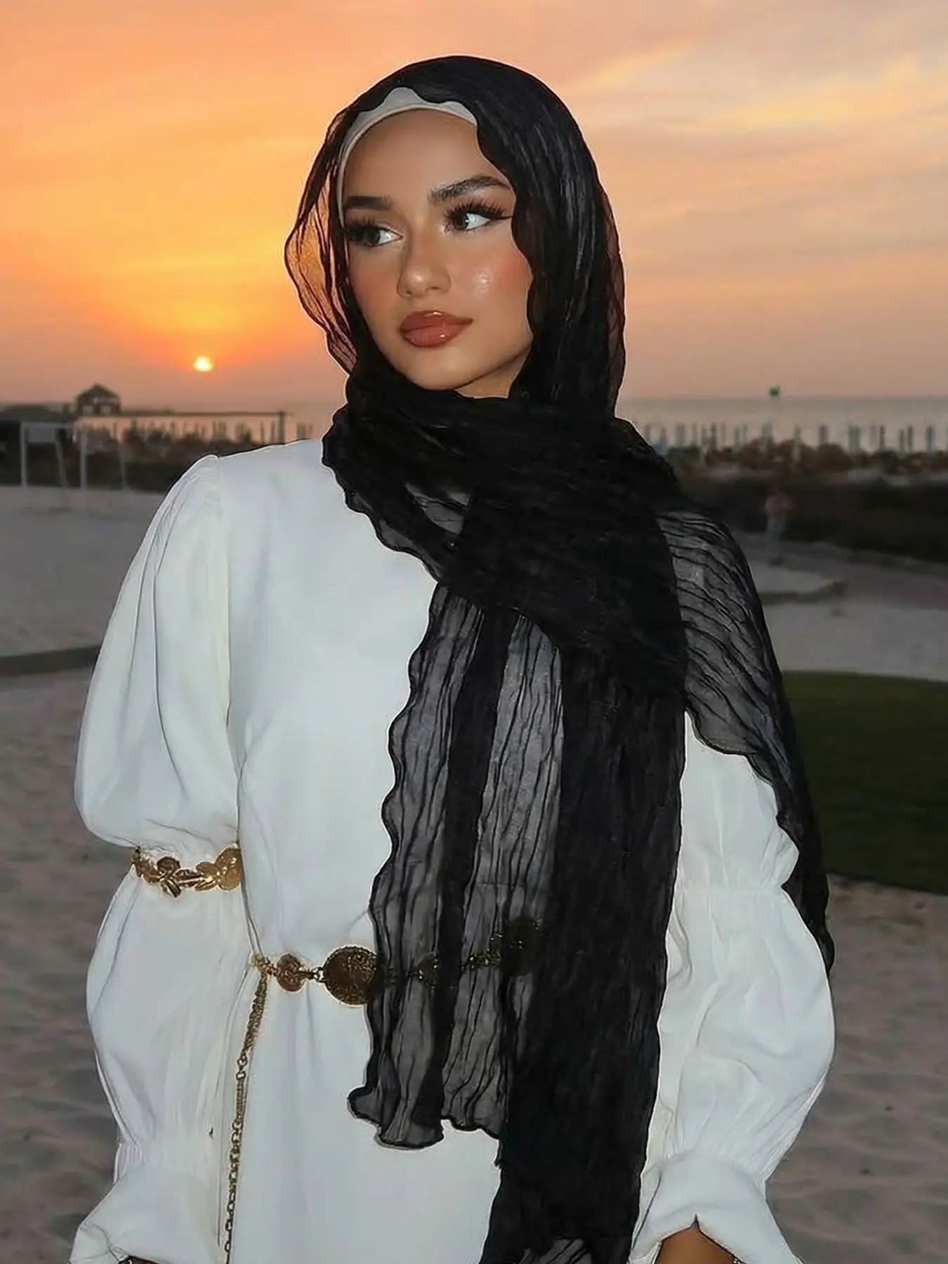 Elegant Polyester Crinkle Scarf, All-Season Sun Protection Modesty Hijab, Fashionable Accessory for Beach Vacations, Women's Stylish Wrap, Head Scarfs