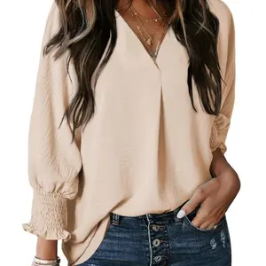 MIDIROSS Womens V Neck Blouse – 3/4 Sleeve Loose Fit Casual Work Top, Smocked Cuff Lightweight Tunic Shirt